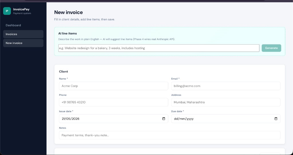 New invoice form with AI line item generator